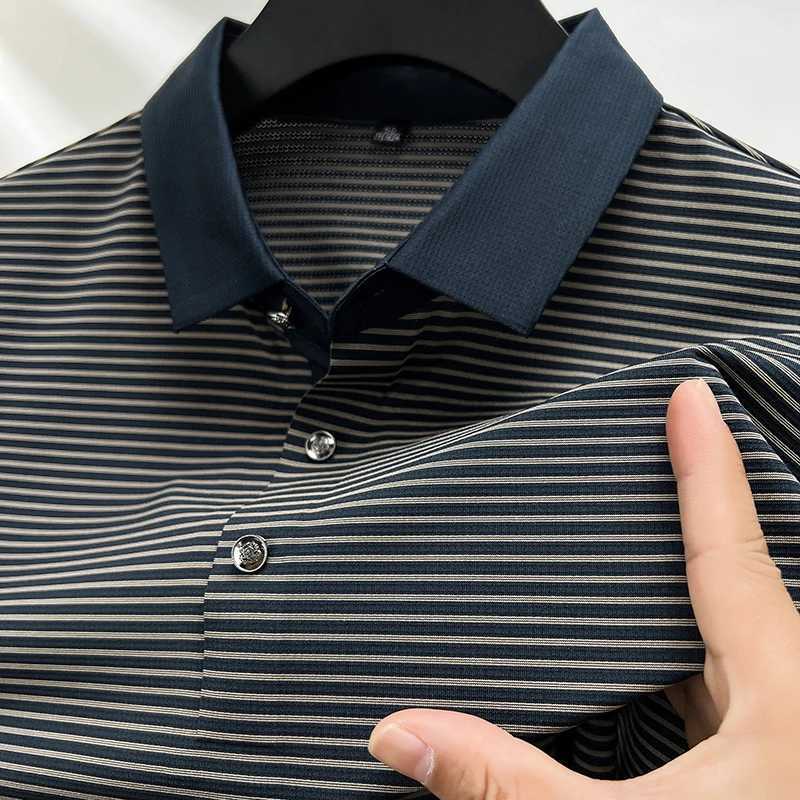 High end Brand Mens POLO Shirt Ice Silk Seamless Short Sleeve 2024 Summer New Fashionable Stripe T-shirt Business Casual MensweXJ240920
