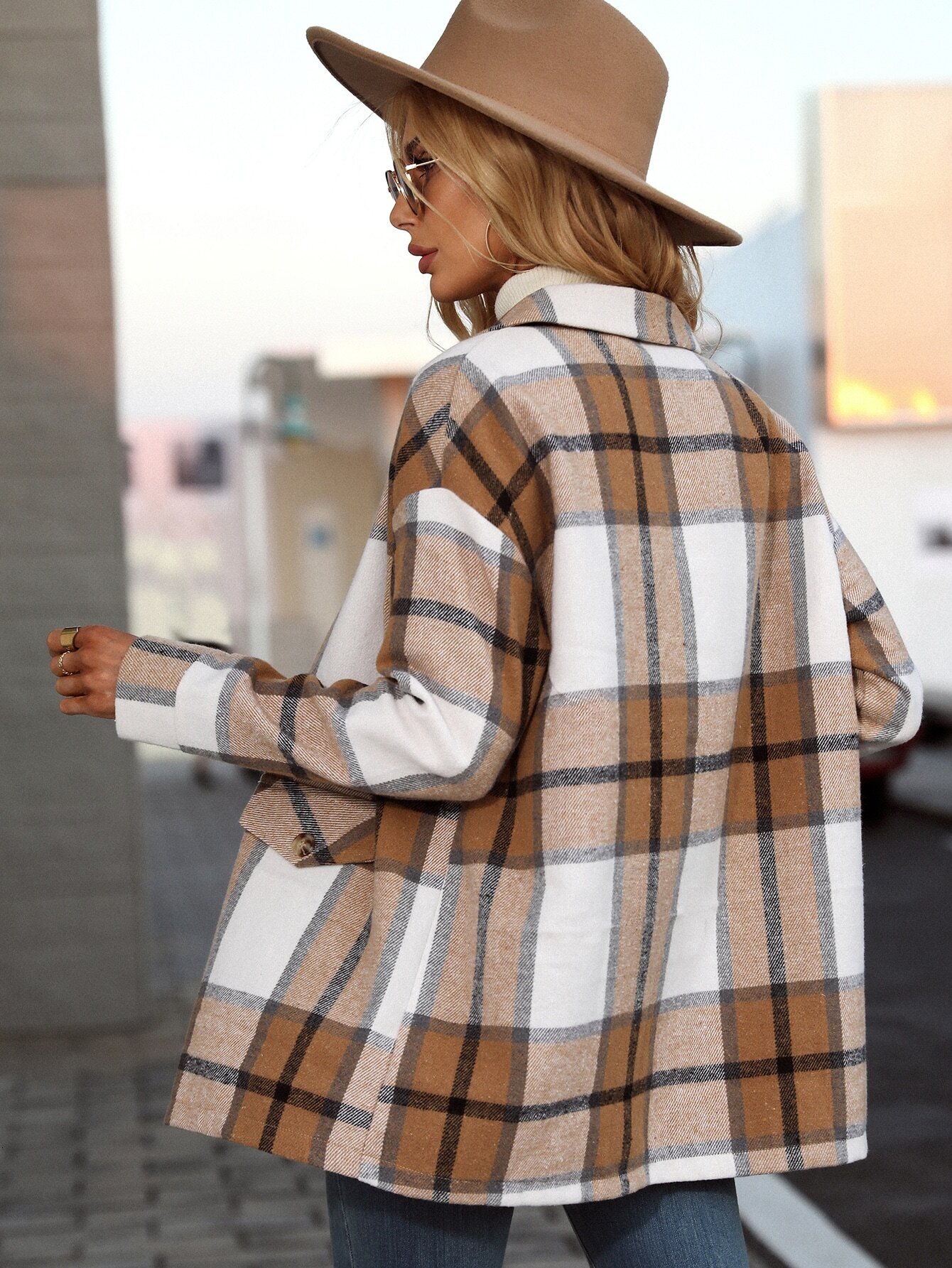 European American cross-border women's fashionable and elegant plaid printed button coat