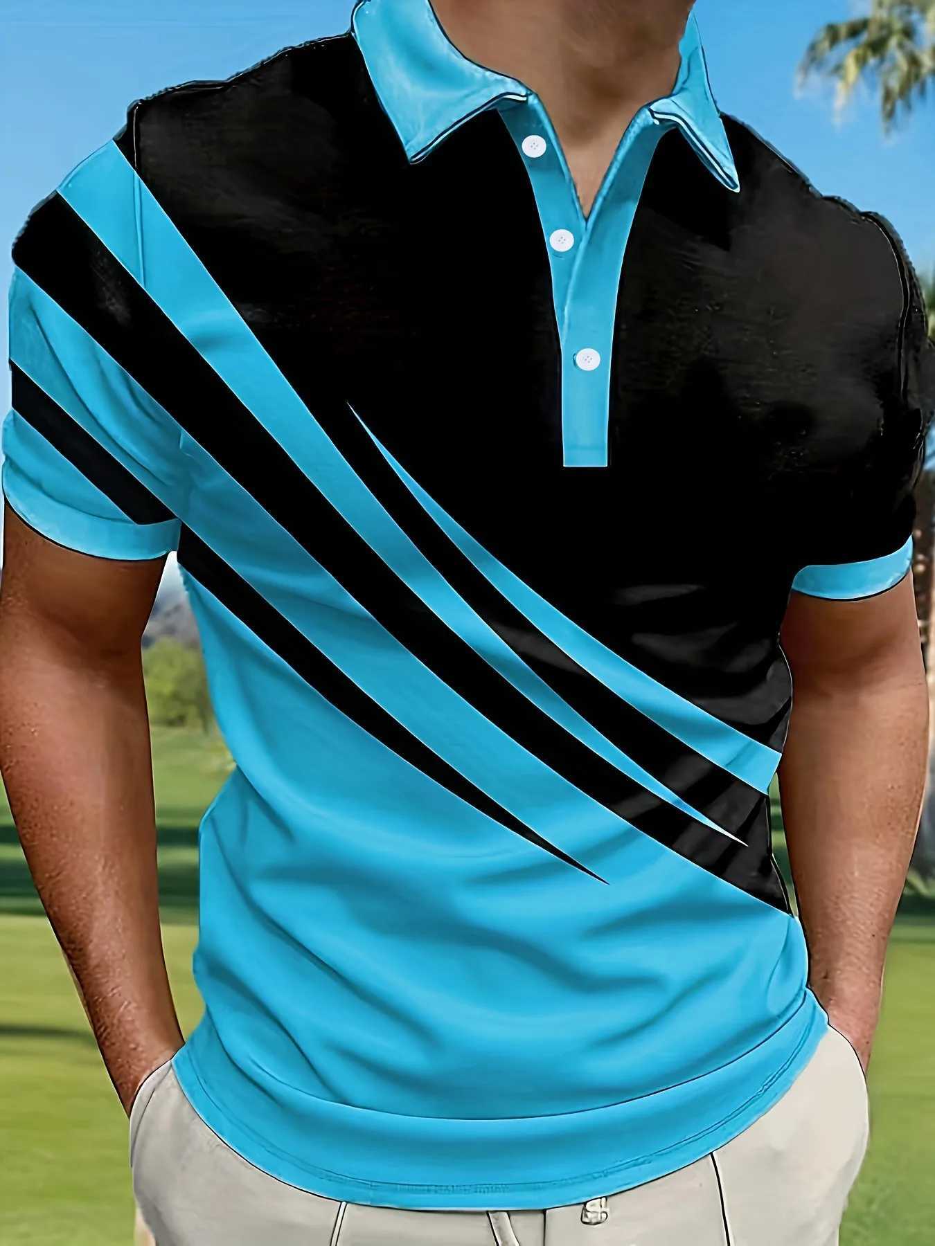 New Fashion Mens Gradient Line Summer Short Sleeved T-Shirt Casual Daily Lapel Top Polo Shirt Striped T-Shirt Mens ClothingX240920