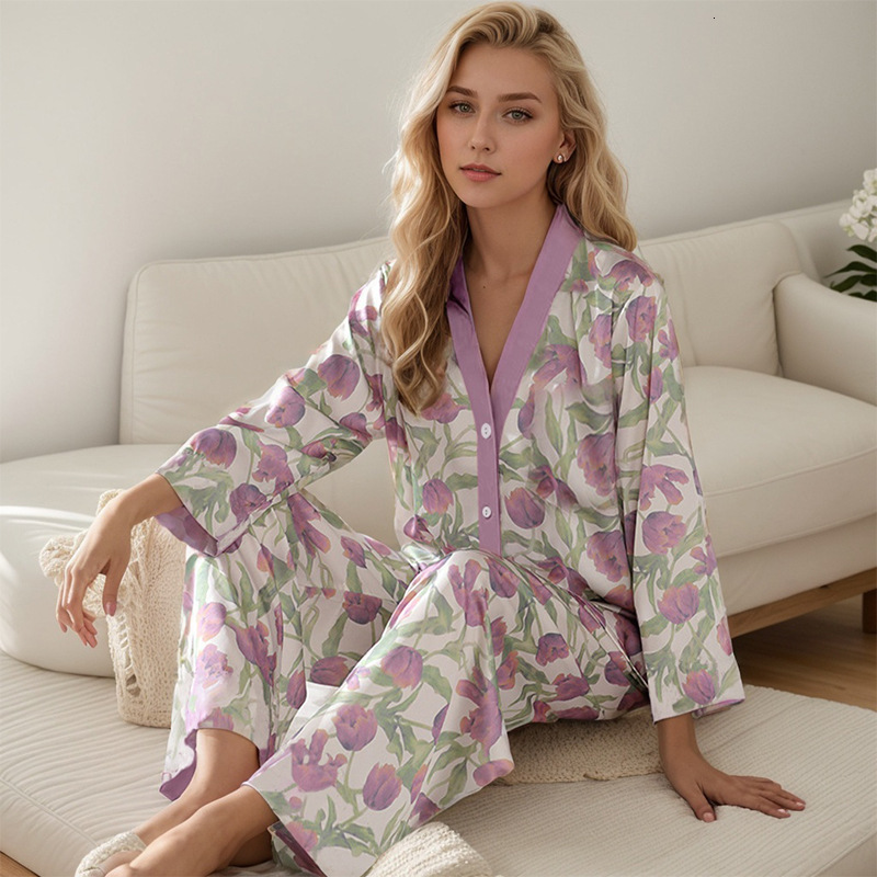 2024 new sleepwear women's cardigan spring and autumn long sleeved pants instamu home wear
