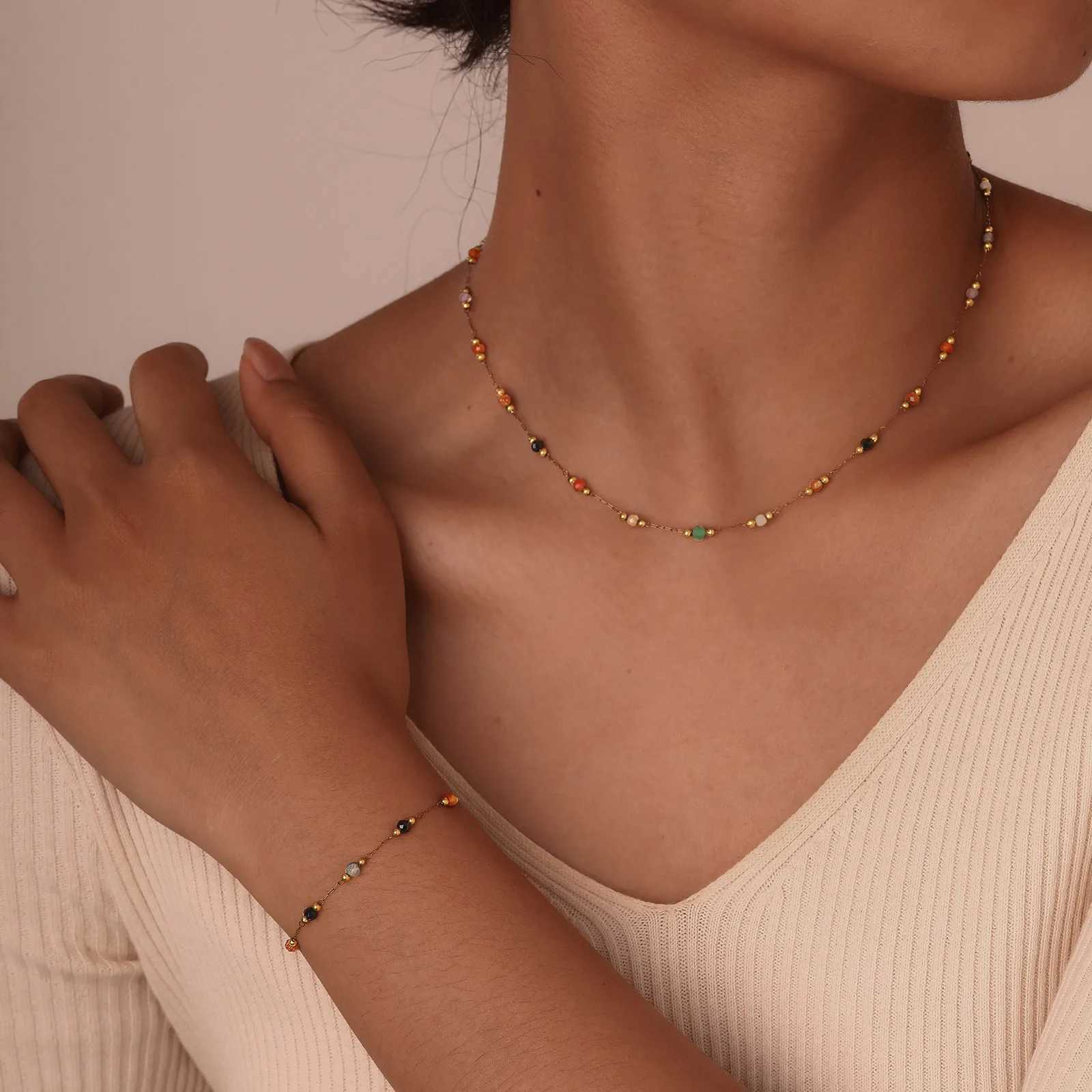 Nature Stone Beaded Chain Anklet Bracelet on Leg For Women Stainless Steel 18k Gold Plated Beach Foot Anklet Jewelry Gift Y240920