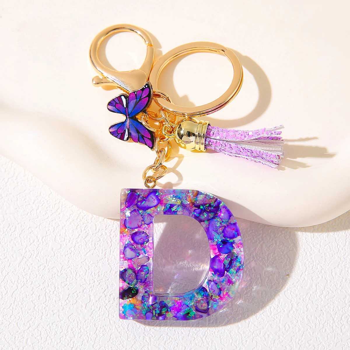 Alphabet Initial Keychain With Purple Charm And Tassel Resin Letter Pendant Alloy Lobster Clasp Womens Backpack AccessoryX240919
