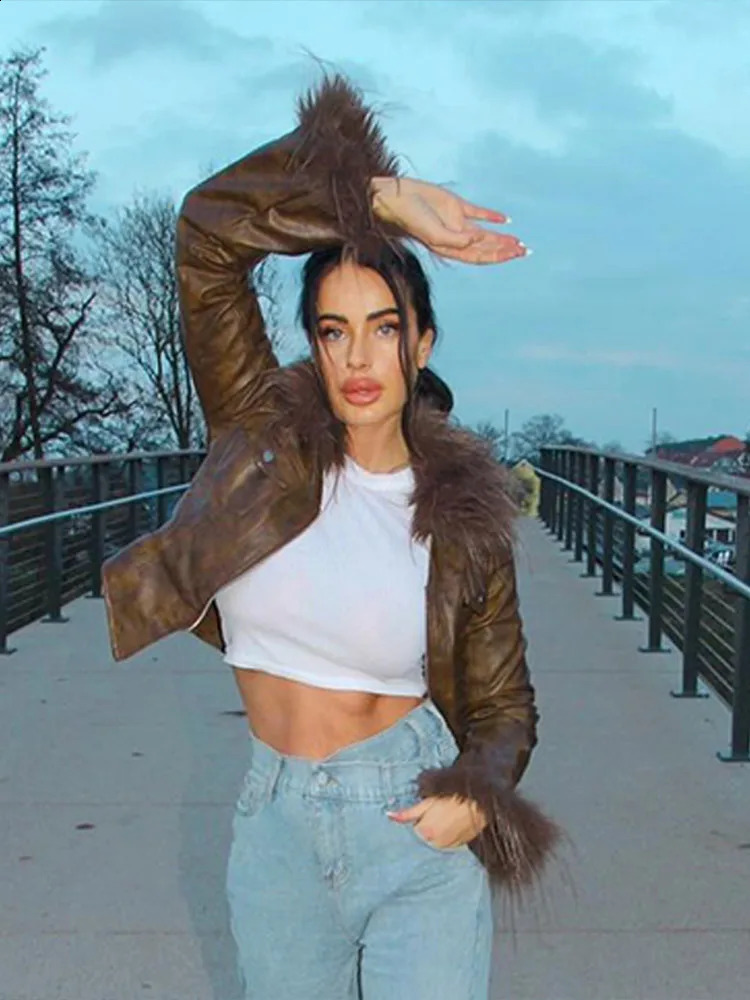Y2k Women Crop Leather Jacket With Feather Locomotive Patchwork Turn-down Collar Long Sleeve Female Coat Autumn Slim Lady Tops 240920
