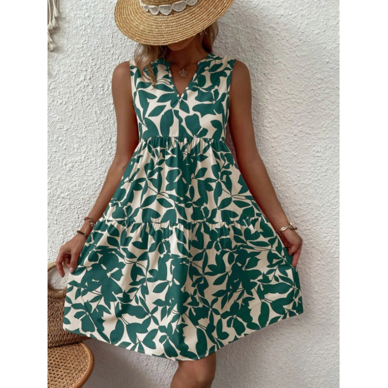 2024 Women's Summer Elegant Sleeveless V-Neck Pleated E Boho Print Mini Dress Casual Loose Oversized Beach Sundress