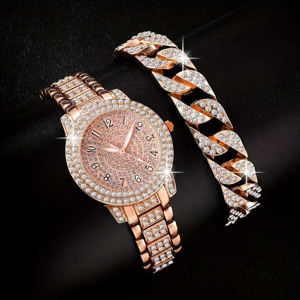 2pcs/set Womens Watch Luxury Golden Rhinestone Quartz Watch Hiphop Fashion Analog Wrist Watch Bracelet Gift For Mom HerX240920