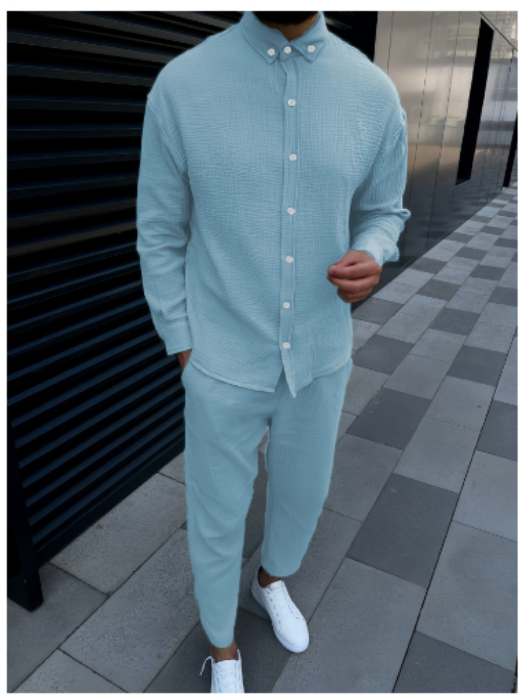 2024 Autumn men's wrinkly bubble leisure long sleeve fashion high street slim pants foreign trade two-piece set