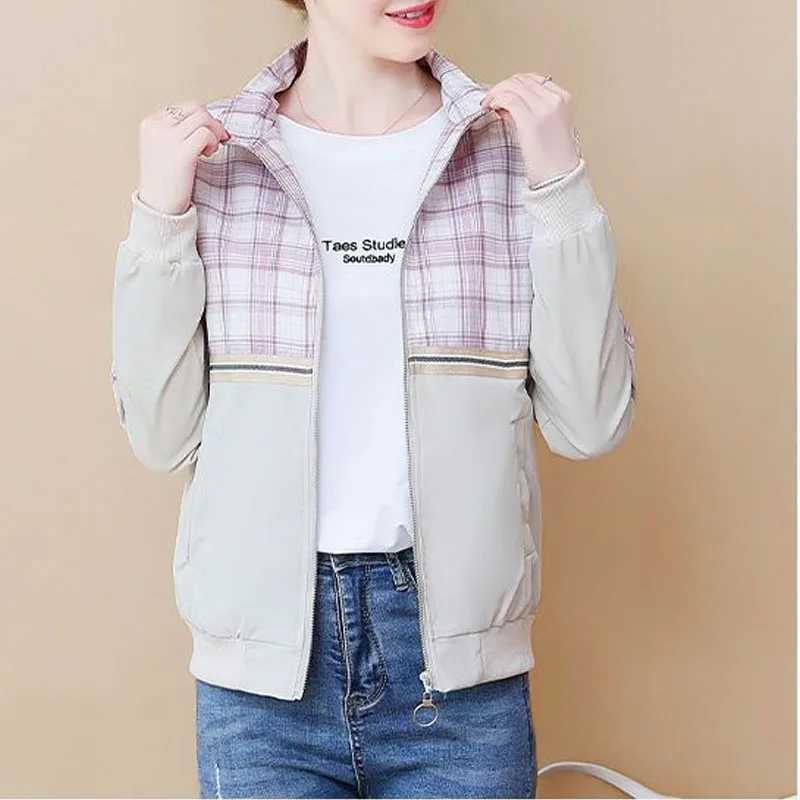 New Spring and Autumn Fashion Korean Edition Spliced Checkered Standing Collar Versatile Casual Simple Womens Jacket CoatX240920