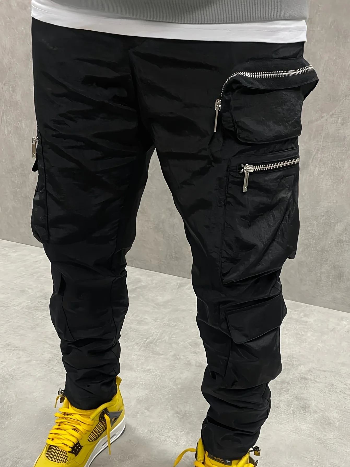 Mens Lightweight SlimFit Pleated WaterlessWash Fabric Asymmetric Pocket n Cargo Pants With Cuff Black Light Grey 240910