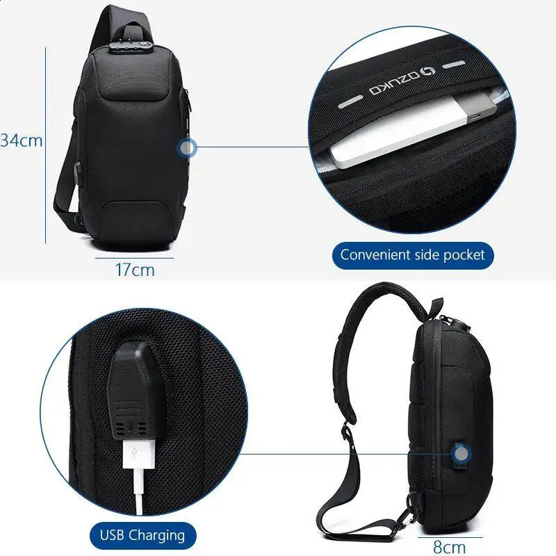 OZUKO Mens Anti theft Cross body Sling Bag with USB Charging Port Waterproof Scratch resistant Shoulder Large Capacity Chest 240919