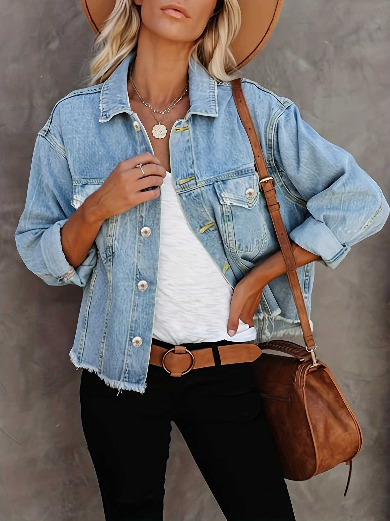 Raw Hem Crotch Length Denim Jacket Light Blue Flap Pockets Long Sleeve Denim Coats Womens Denim ClothingX240920