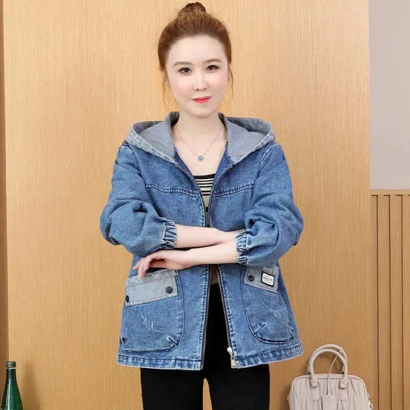 Womens Loose Denim Coat Korean Style Hooded Long Sleeve Jacket Woman 2024 Spring Autumn Vintage Casual Jean Tops MujerX240920