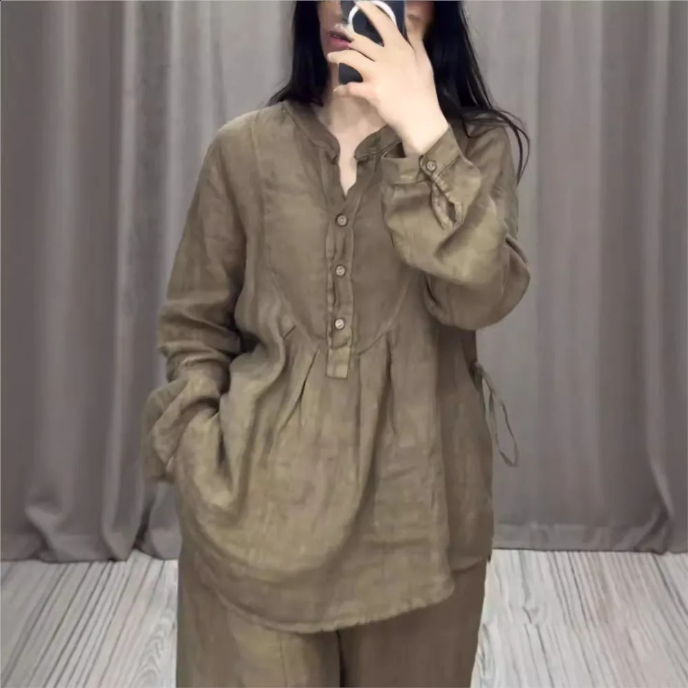 Autumn Fashion Cotton Linen Long Sleeve Half Open Shirt For Womens Suit Casual Pleated Elegant Female Wide Leg Pants 2piece Set 240914