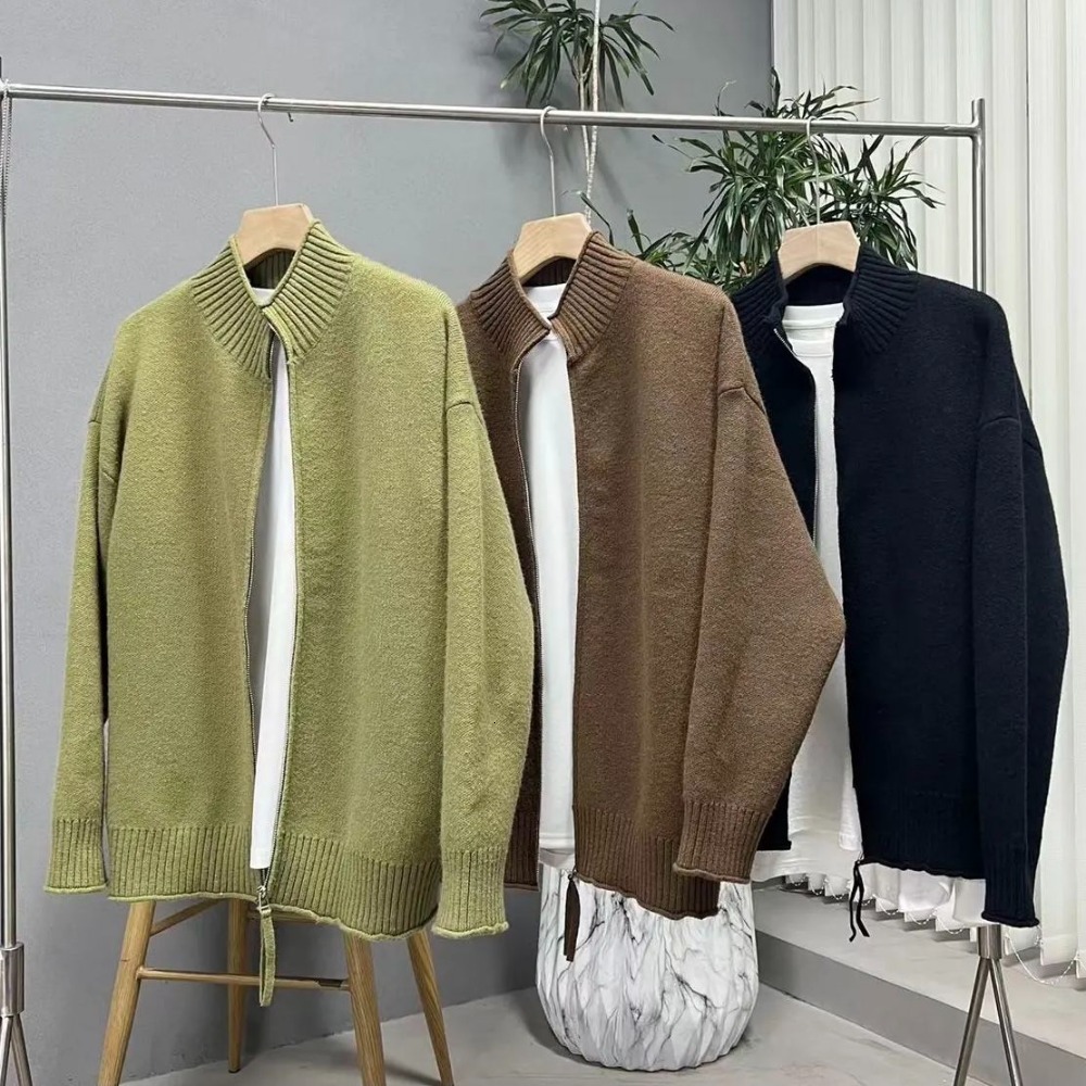 Fashion Slim Fit Knit Cardigan Men Japanese Autum Winter Solid Color Full Zip Up Sweater Casual Coats Jacket Mens Clothes 2024