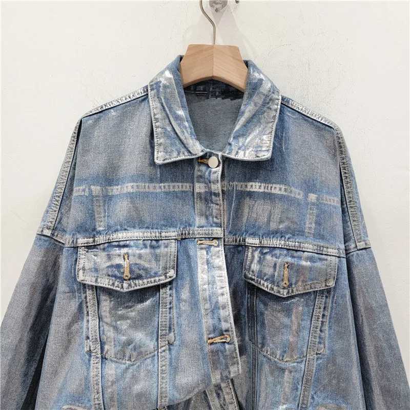 Women Spring Hand-painted Silver Stamping Denim Jacket Handsome Silver Pressed Jeans Jacket Cowboy Bomber Cardigan StreetwearX240920