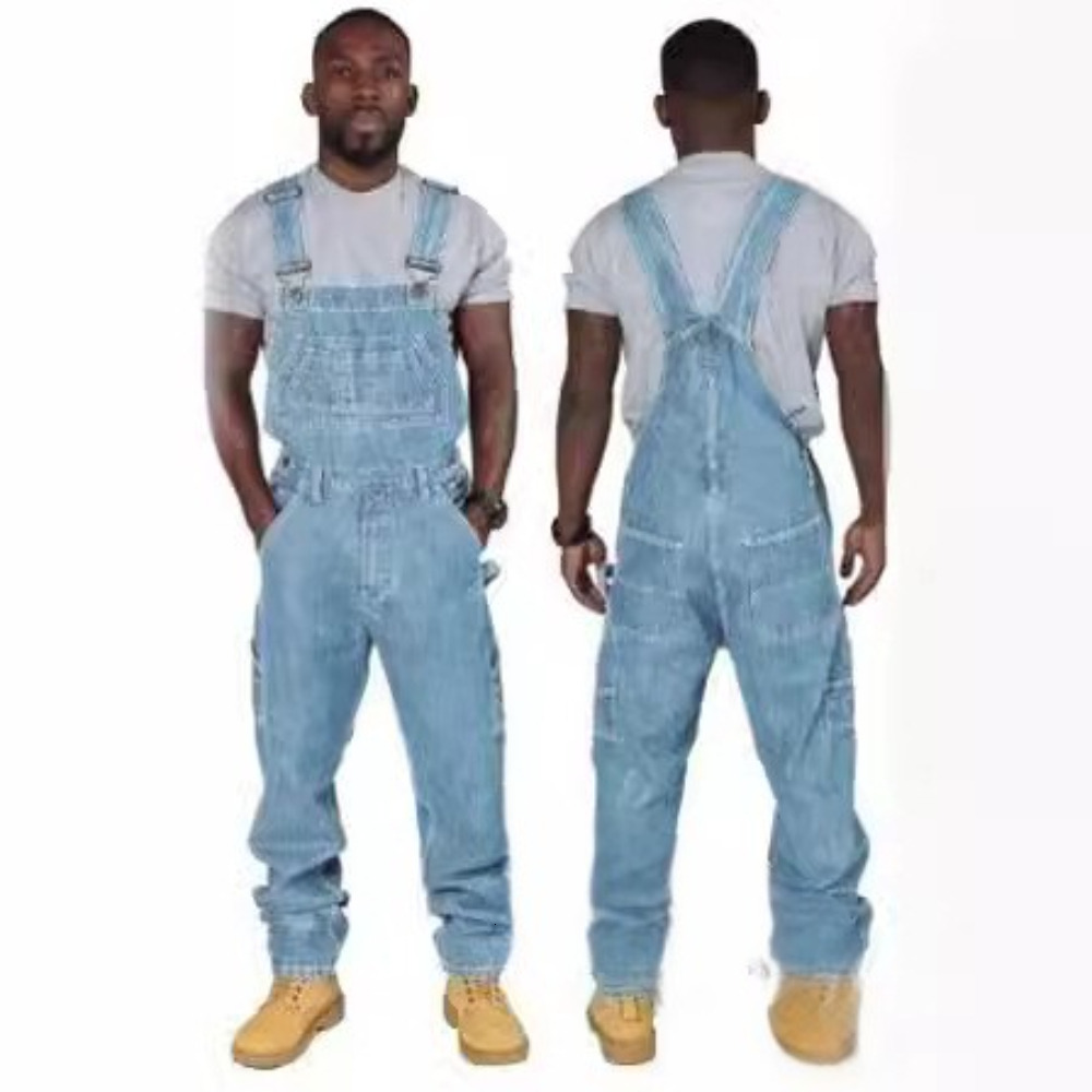 Solid Color Jeans Overalls High Waist Denim Jumpsuits Oversized Pants Men's Labor Protection Work Clothing Sportswear