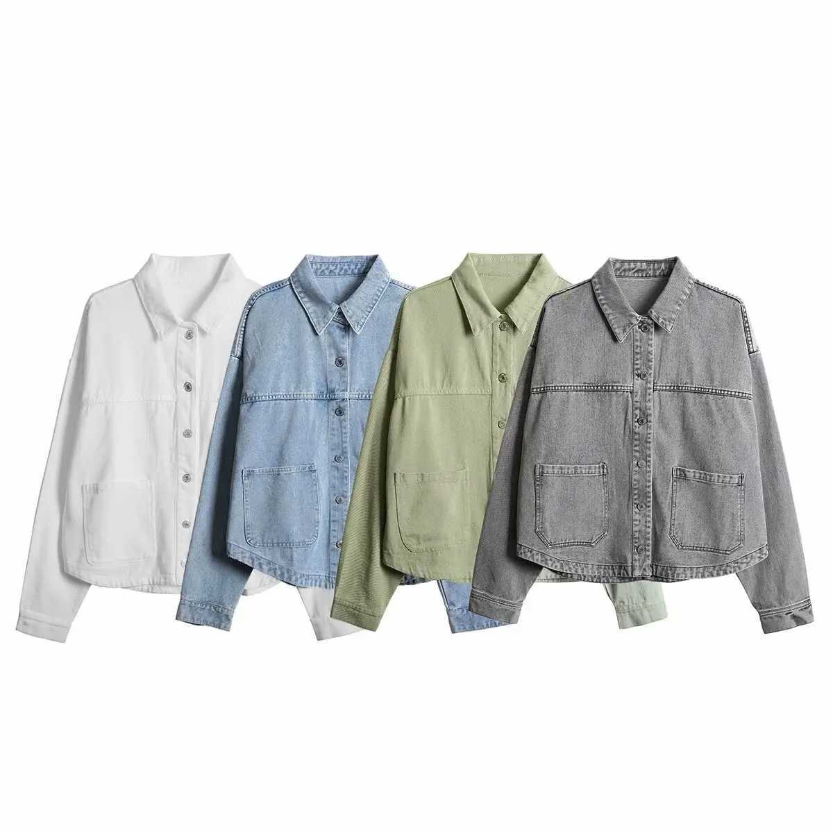 2024 ZAR4 Summer New Womens Loose Casual Lapel Long sleeved Patch Bag Decoration denim jacketX240920