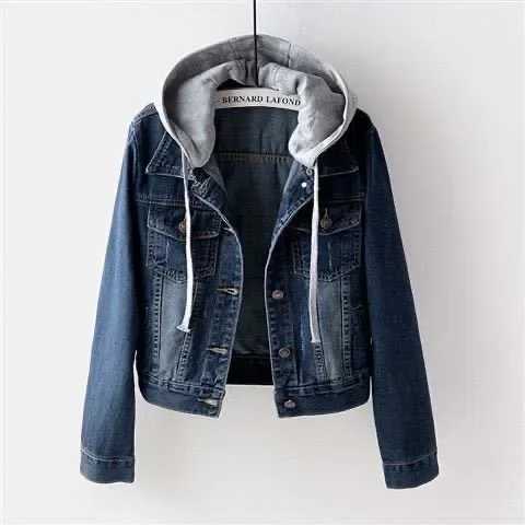 Women Denim Cost Hooded Single Breasted Button Jackets Patchwork Outerwear Cardigan Pockets High Street Warm Solid Slim FitX240920