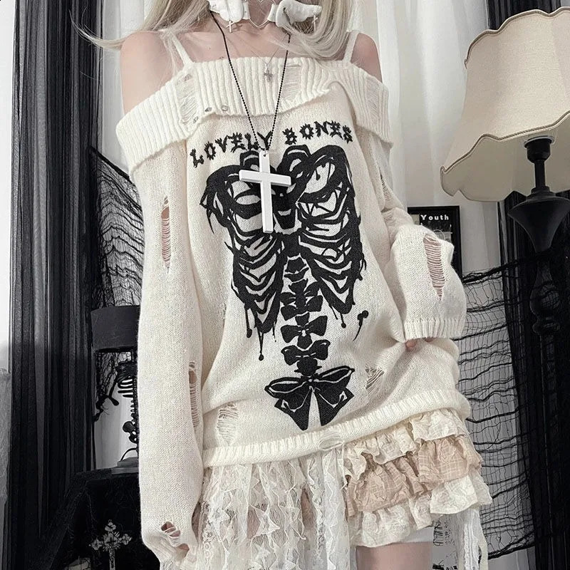 Deeptown Gothic Y2k Womens Sweater Shoulder Handle Harajuku Anime Graphic Knitted Hollow Twisted Spring Extra Large Jumper 240920