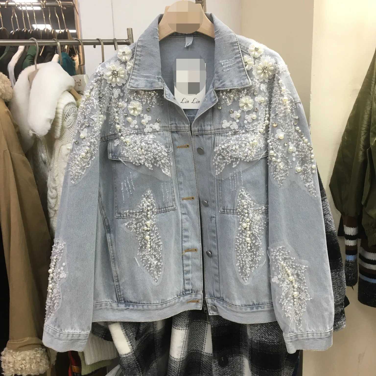 Women Pearls Beaded 3D Floral Lace Embroidery Sequin Denim Coat Flowers Diamonds Distressed Jeans Jacket Cowboy Cardigan TopsX240920