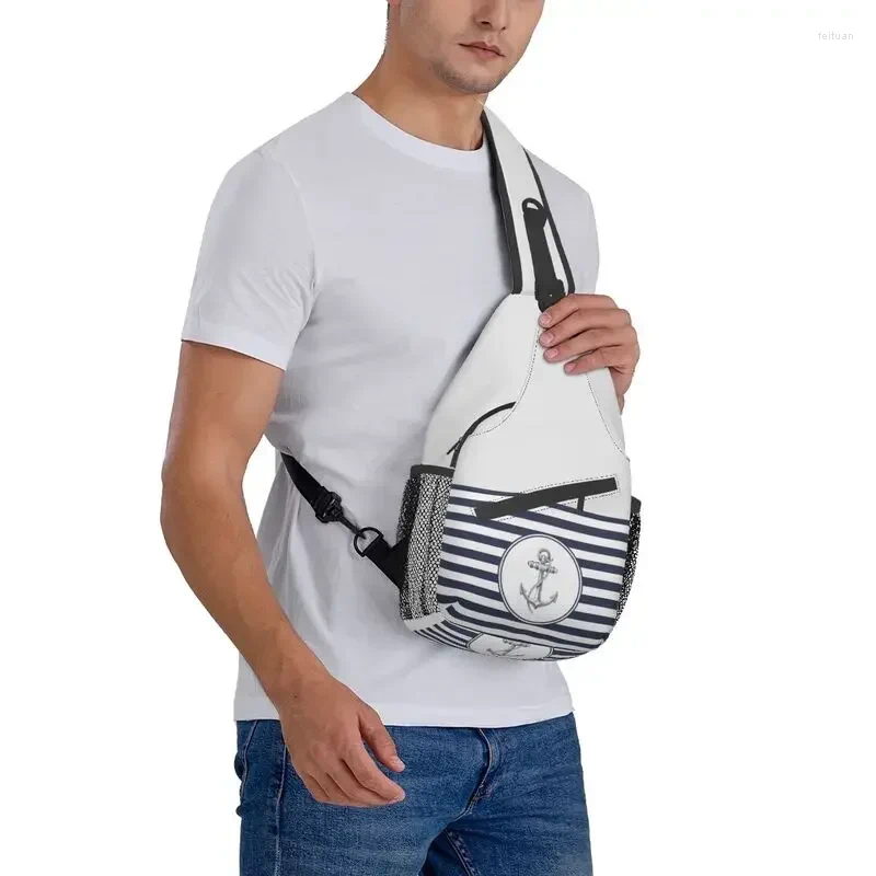 Backpack Custom Blue Stripes Nautical Anchor Sg Crossbody Chest Bag Men Fashion Shoulder For Camping Biking b54a 4