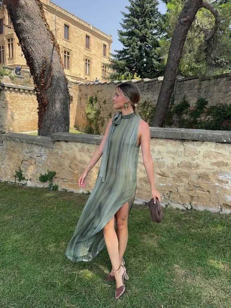 Elegant Sleeveless Lace Up Halter Maxi Dress Women Casual Round Neck Hollow Out Side Slit Dresses Summer Lady High Streetwear 240920