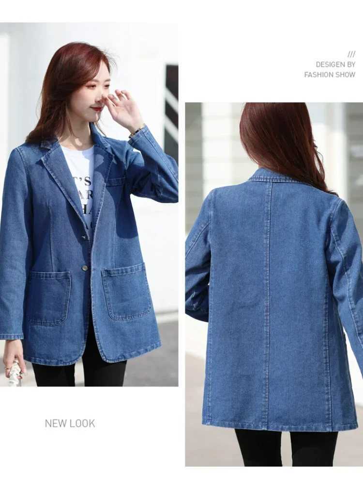 Fashion Denim Jacket Lapel Single Breasted Denim Jacket Lady Vintage Casual Pockets Solid Color Jean Blazer Spring Autumn WomenX240920