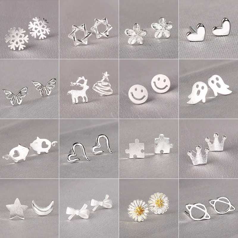 925 Silver Needle Cute Mini Earrings for Women Cute Heart Star Moon Daisy Christmas Planet Butterfly Earrings W240919