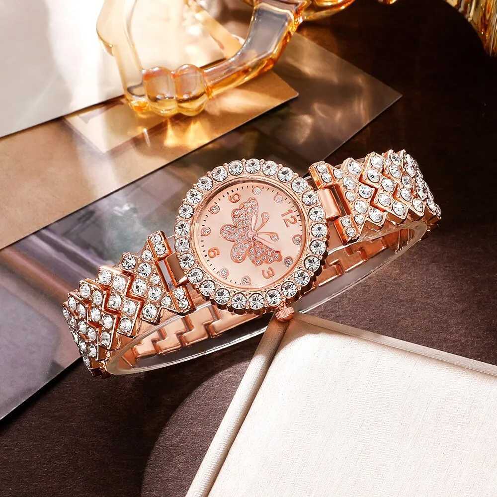 6pcs Jewelry Set Rose Gold Luxury Watch Women Ring Necklace Earring Rhinestone Fashion Wristwatch Casual Ladies WatchesX240920