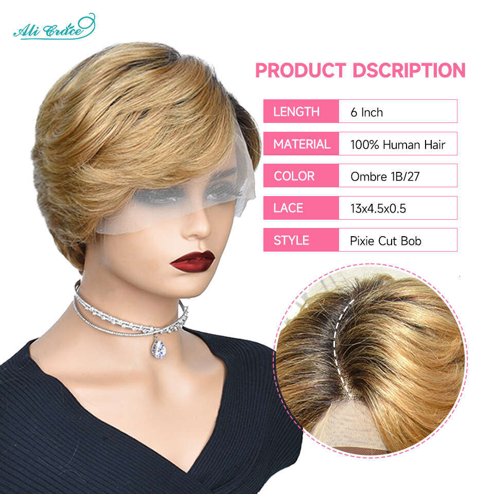 e Cut Human For Women 13x4.5x0.5 Transparent Straight Short Lace Part Hair Wigs T1b/27 Color