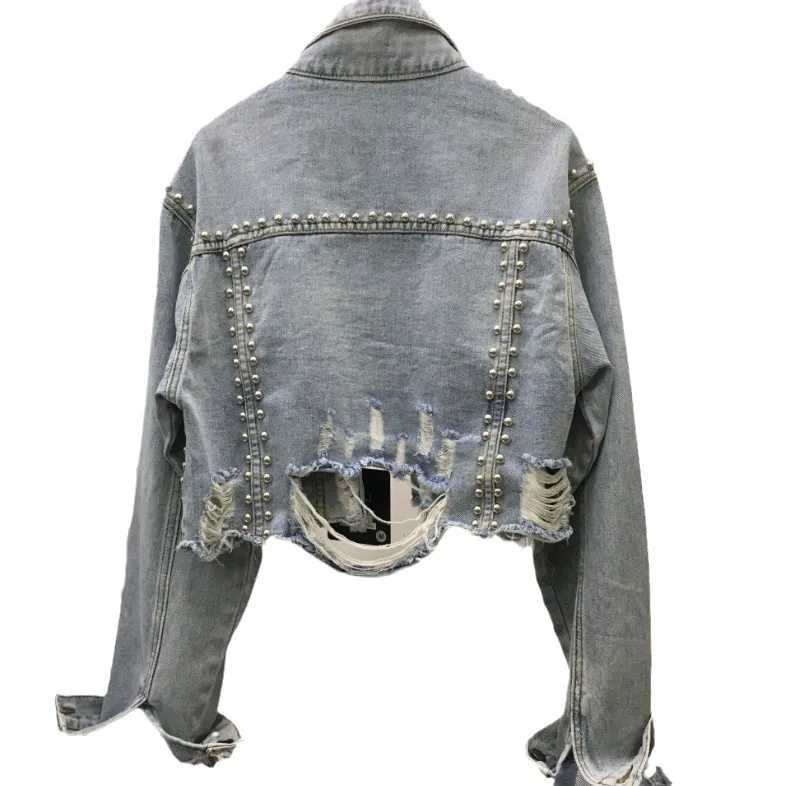 New Spring and Fall Fashion for Women Heavy Industry Rivet Diamond Setting Denim Jacket Grinding Broken Beaded Denim Jacket Y2kX240920