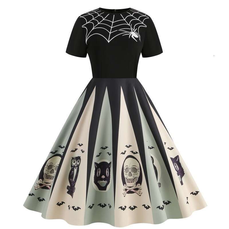 Hallowmas Halloween style new spliced round neck party print slim fitting and slimming dress with a large display