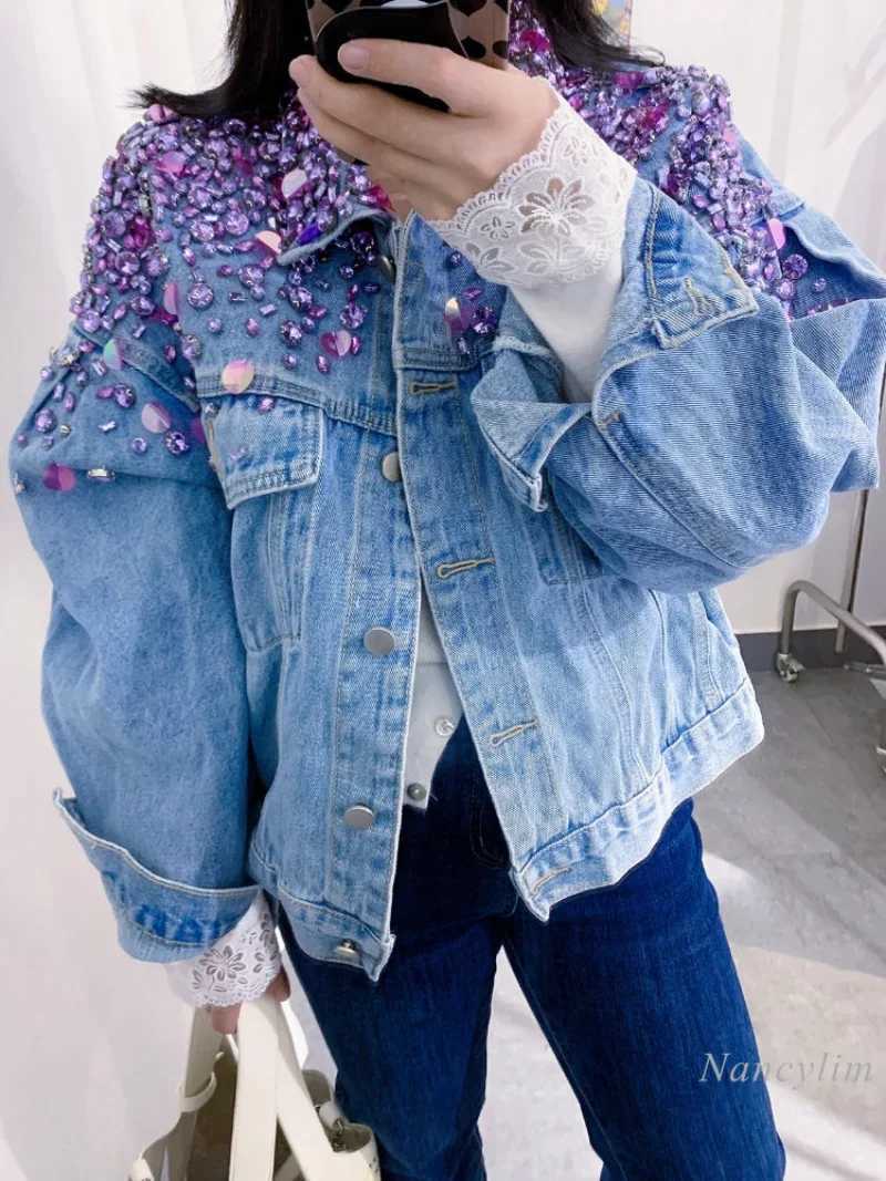 Women Retro Purple Rhinestones Beaded Denim Jacket Spring Short Sequined Jeans Coat Cowboy Cardigan Jaqueta Crop Tops 2023X240920