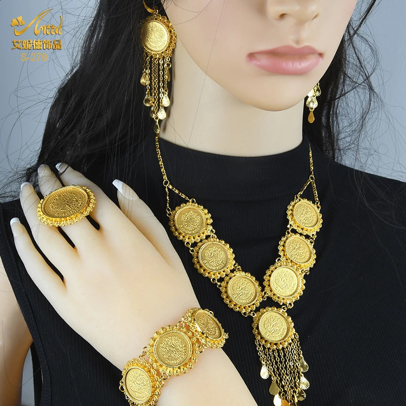 ANIID Dubai Gold Color Coin Necklace Bracelet Jewelry Sets For Women African Ethiopian Bridal Wedding Jewellery Gifts 240911