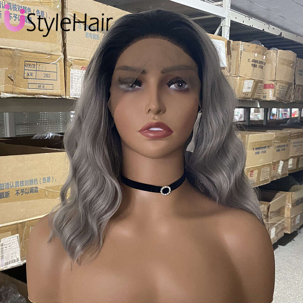 Ustylehair Ombre Grey Lace Front Synthetic Hair Natural Haire Short Wave Wigs For Women Daily Use Cosplay Party Wig