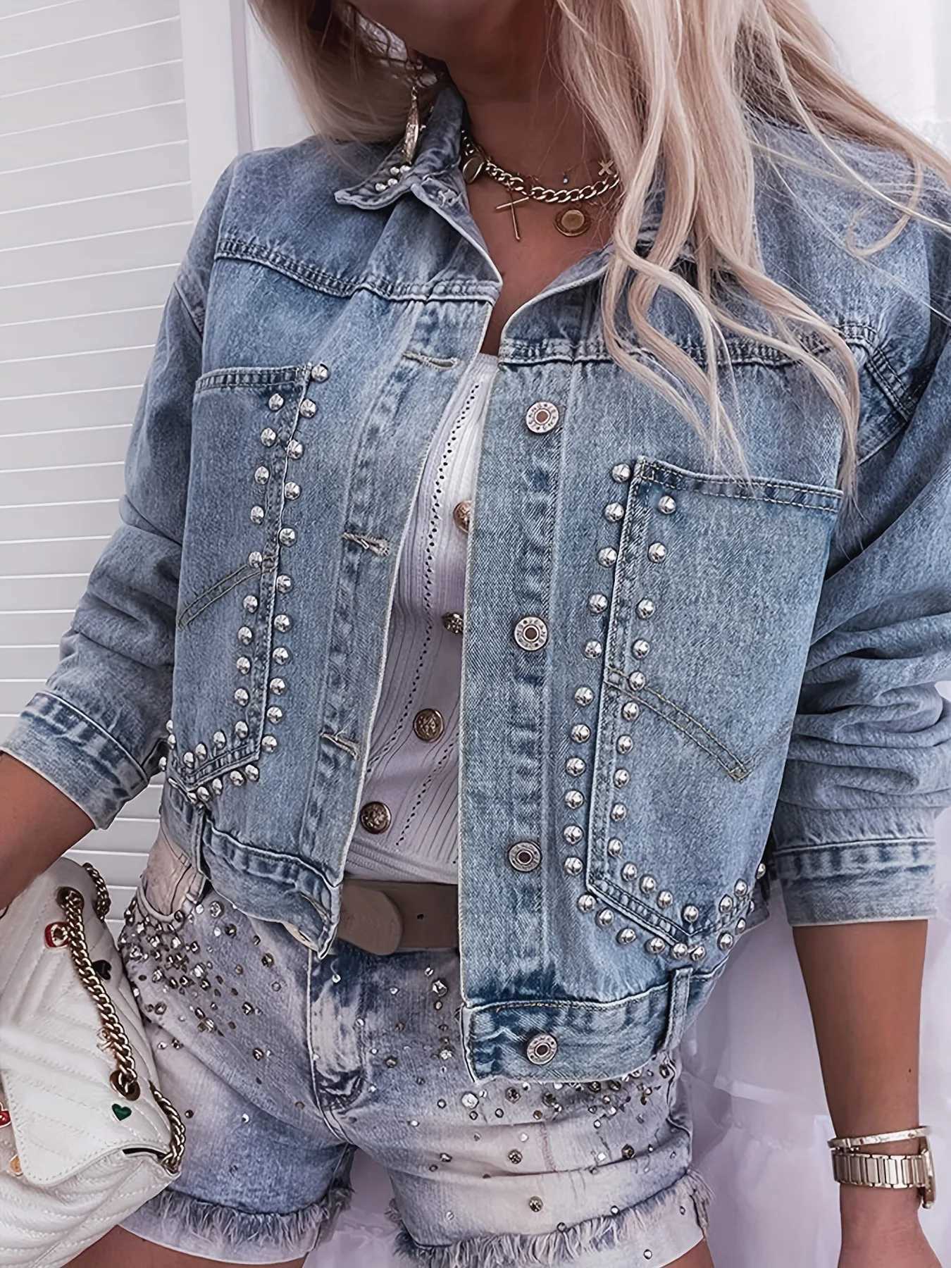 2023 Autumn New Womens Long Sleeve Short Denim Jacket Fashion Retro Rivet Jeans Coat Female Casual Clothing XS-L Drop ShippingX240920