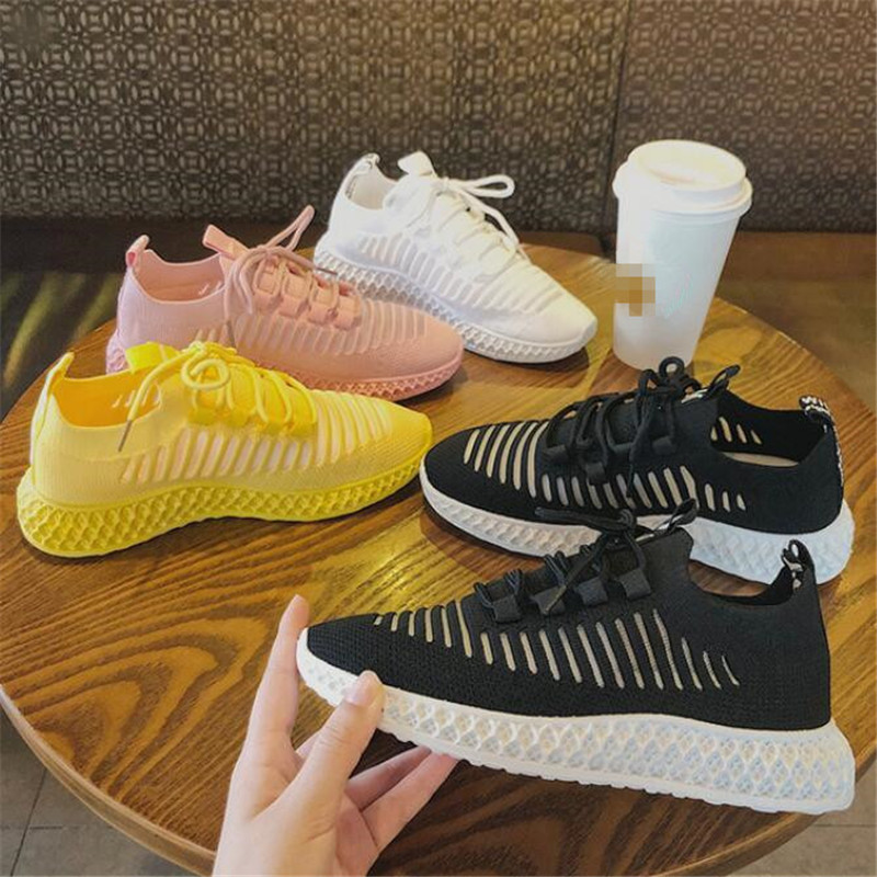 New 2023 Casual Fashion Breathable Walking New Mesh Lace Up Flat Sneakers Women Yellow Vulcanized Shoes cf5d