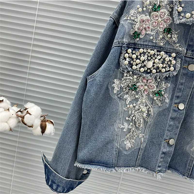Blue Casual Short Denim Jacket Fashion Pearl Beaded Sequin Flowers Spring Women Loose Korean Lapel Long Sleeve Jeans Jacket CoatX240920
