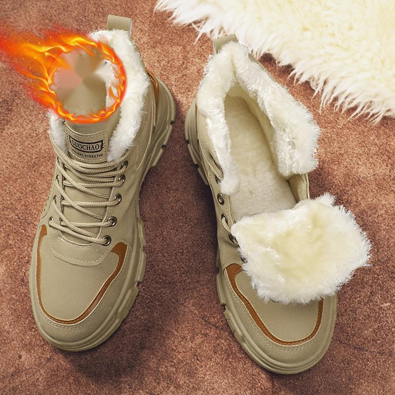 Winter plush warm thick soled men's shoes with British style high top lace up Martin boots, student Korean version work boots