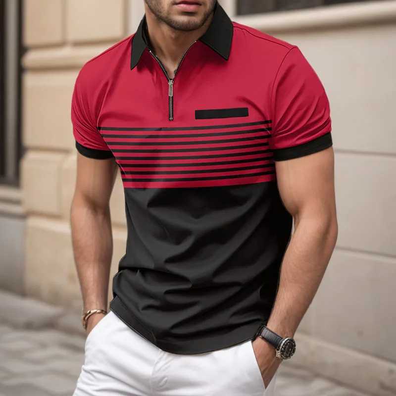 Mens summer short sleeved lapel 3D digital printed striped polo shirt with fake pocket buckle mens business casual zipper topX240920