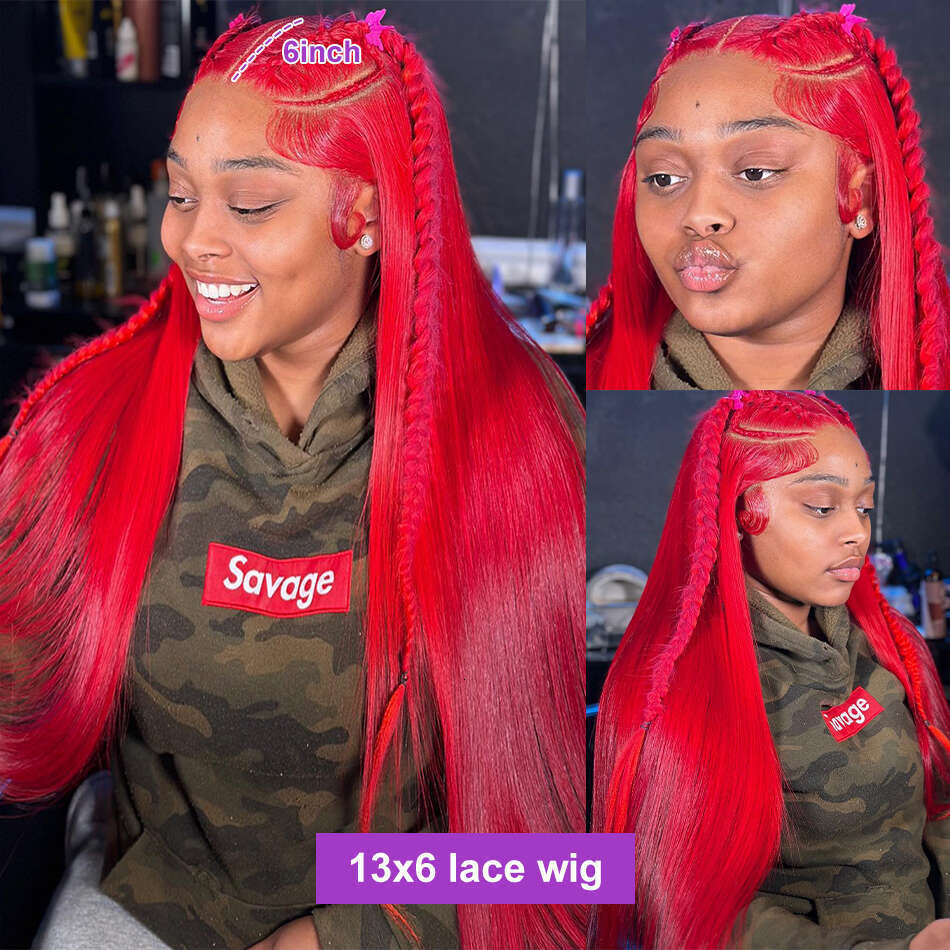 30Inch Brazilian 13x6 HD Front Human Hair Wigs 220% Red Color Bone Straight 13X4 Transparent Lace Frontal Wig For Women