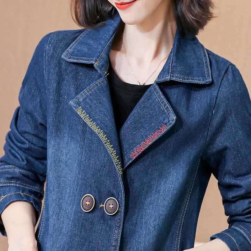 Denim Jacket Coat Women Double Breasted Full Sleeves Vintage Windbreaker Female Long Jean Jacket Outerwear Tops NewSpring AutumnX240920