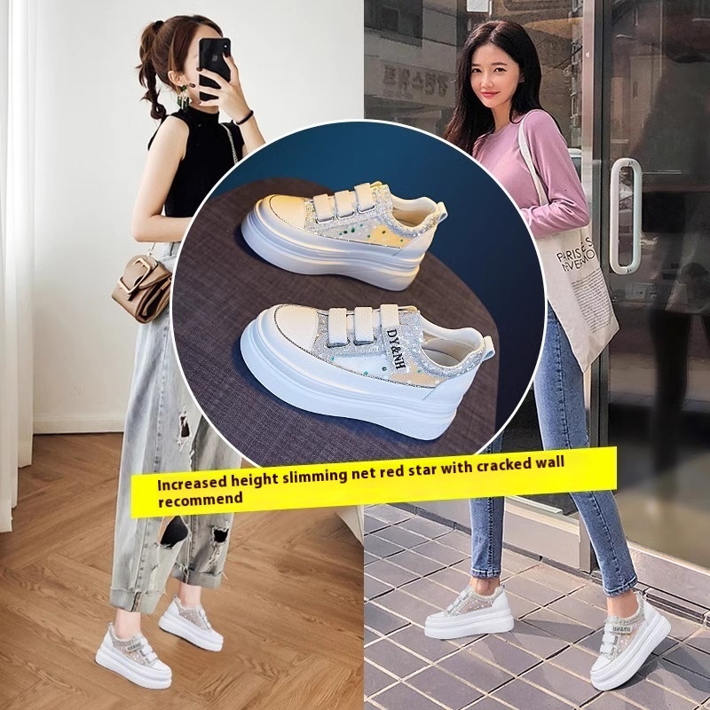 Female 2024 summer new hollow mesh breathable thin sponge cake thick sole fashionable casual with increased height inside white shoes