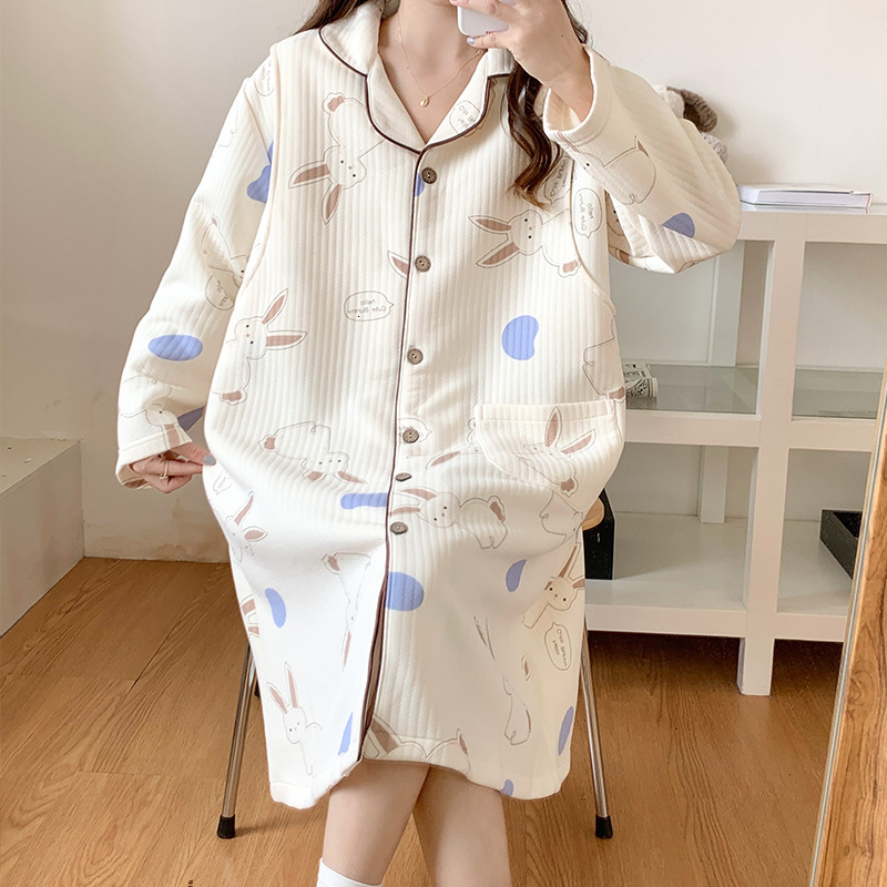 New Pregnant Women's Breastfeeding Sleeping Winter Air Cotton Moonlight Clothing Spring and Autumn Postpartum Long sleeved Maternal Feeding Skirt