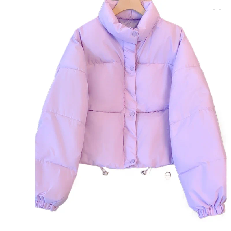 Women's Jackets Purple Short Winter Coat For Women Stand Collar Parka With Zippers Lace-Up Padded Jacket Korean Clothes Fashion B4