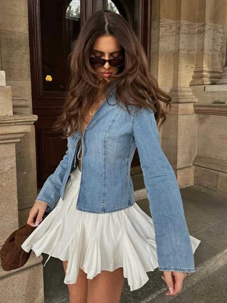 V-Neck Denim Cardigan Jacket Lace Up Slim Fit Women Basic Denim Top Fashion Casual Female Shirt Coat Spring Autumn OuterwearsX240920