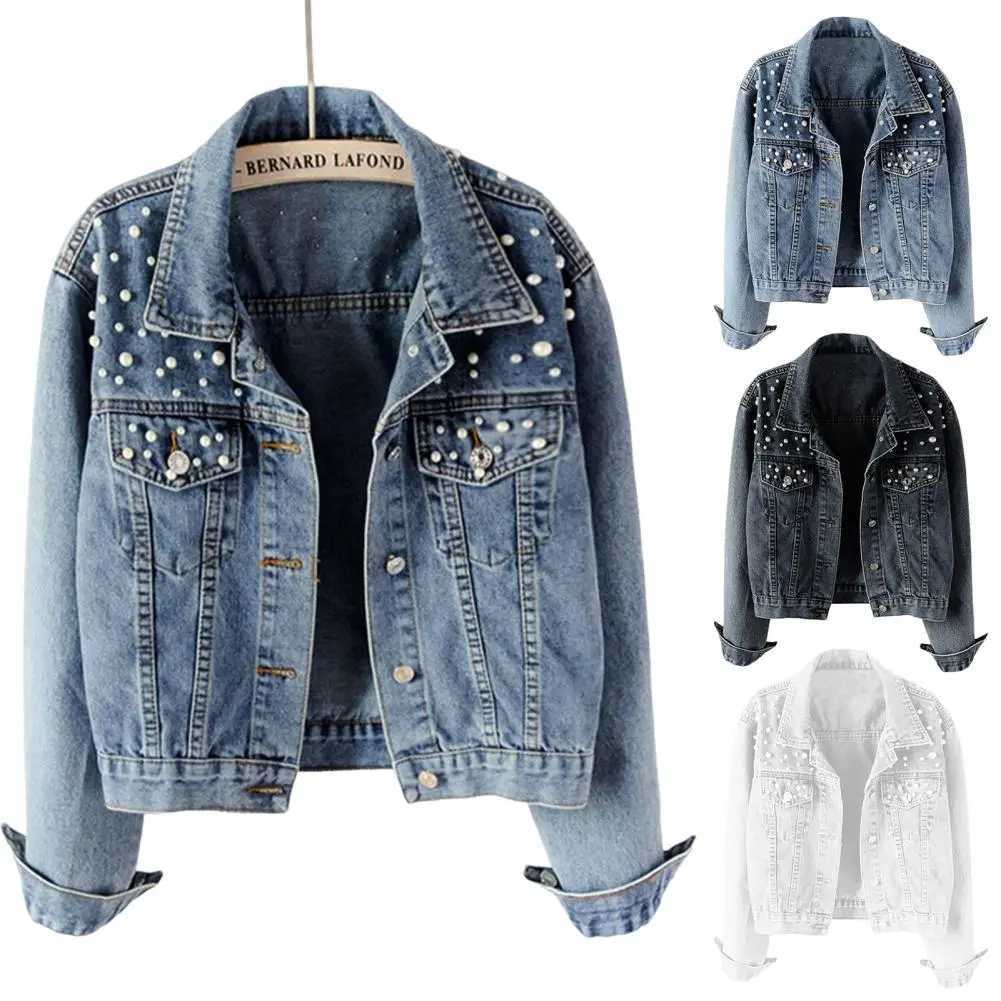 Chic Women Denim Jacket Cool Keep Warm Colorfast Imitation Pearl Easy to Match Women Coat Lady Denim Jacket Beads DecorX240920