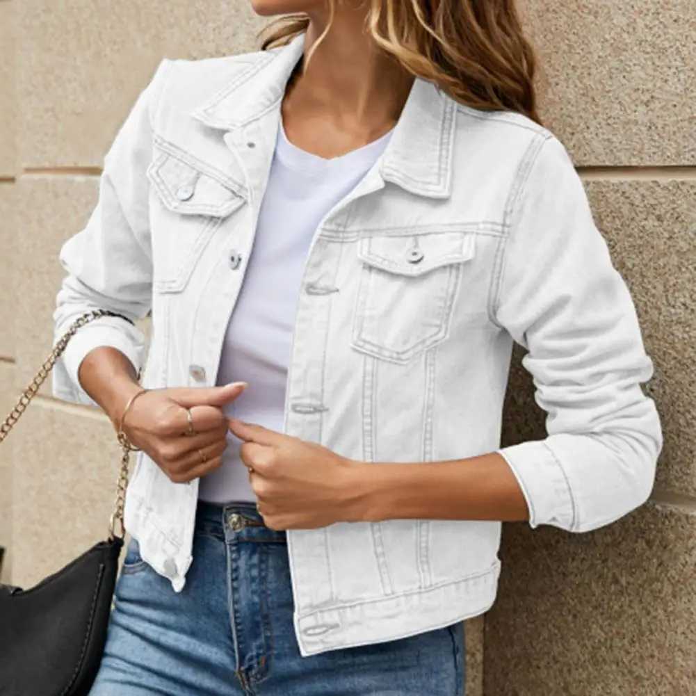 Women Denim Jacket Single-breasted Solid Color Lapel Flap Pockets Cardigan Warm Buttons Slim Fit High Street Women CoatX240920