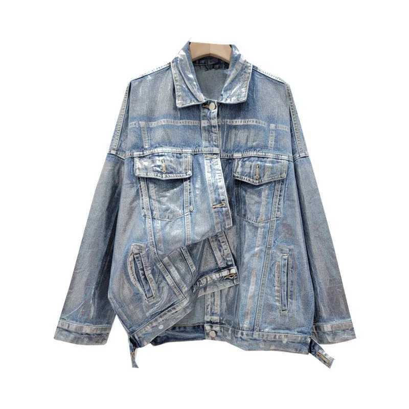 Women Spring Hand-painted Silver Stamping Denim Jacket Handsome Silver Pressed Jeans Jacket Cowboy Bomber Cardigan StreetwearX240920