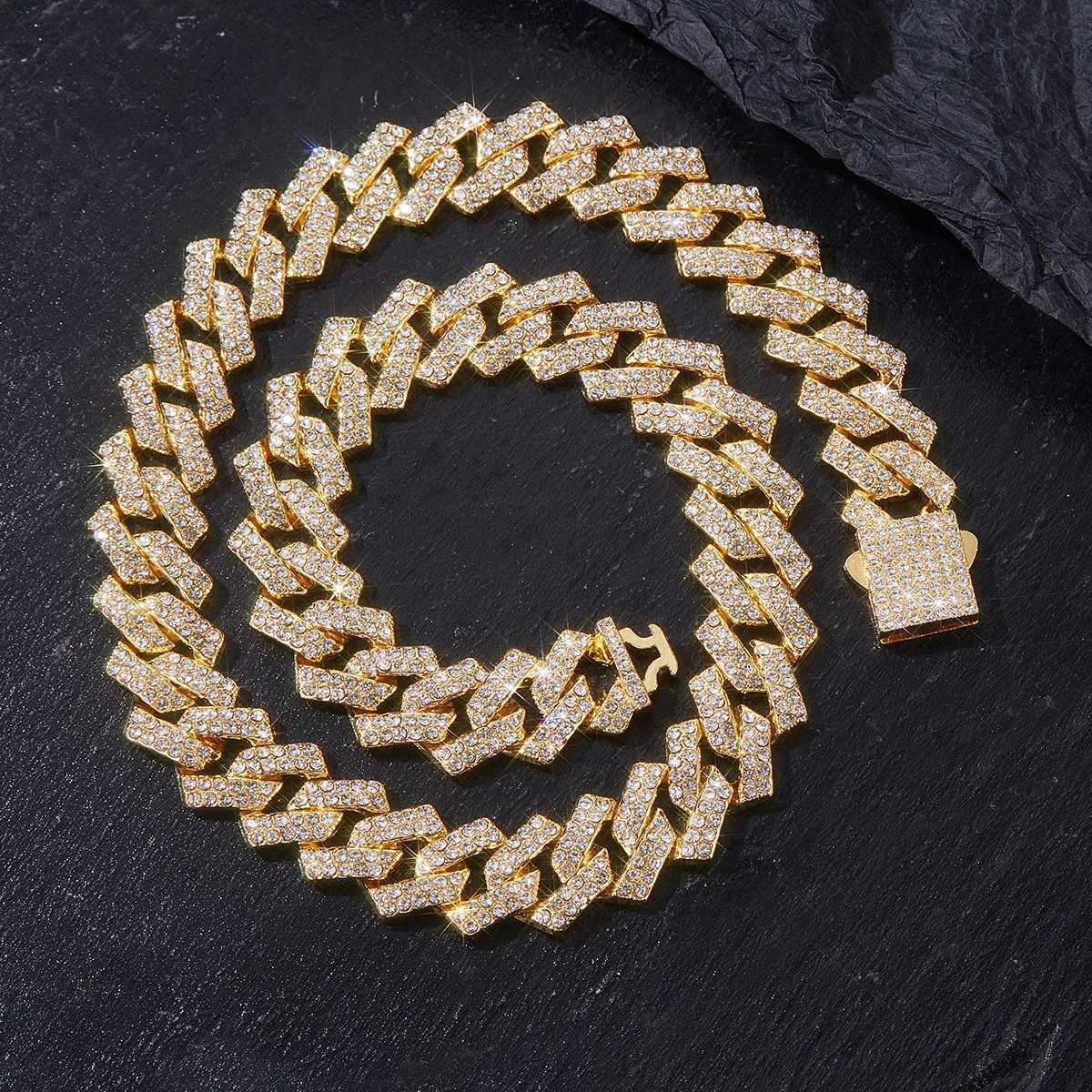 Mens 15MM Cuban Chain Iced Silvery/Golden Miami Cuban Necklace Shiny Necklace Bracelet Hip Hop jewelryX240919