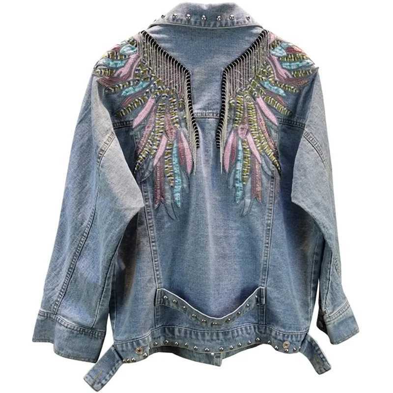 2024 New AutumnFashion Rivet Woman Denim Jacket Long Sleeve Female Jackets Jeans Coat Beading Tassel Denim Coat OuterwearX240920